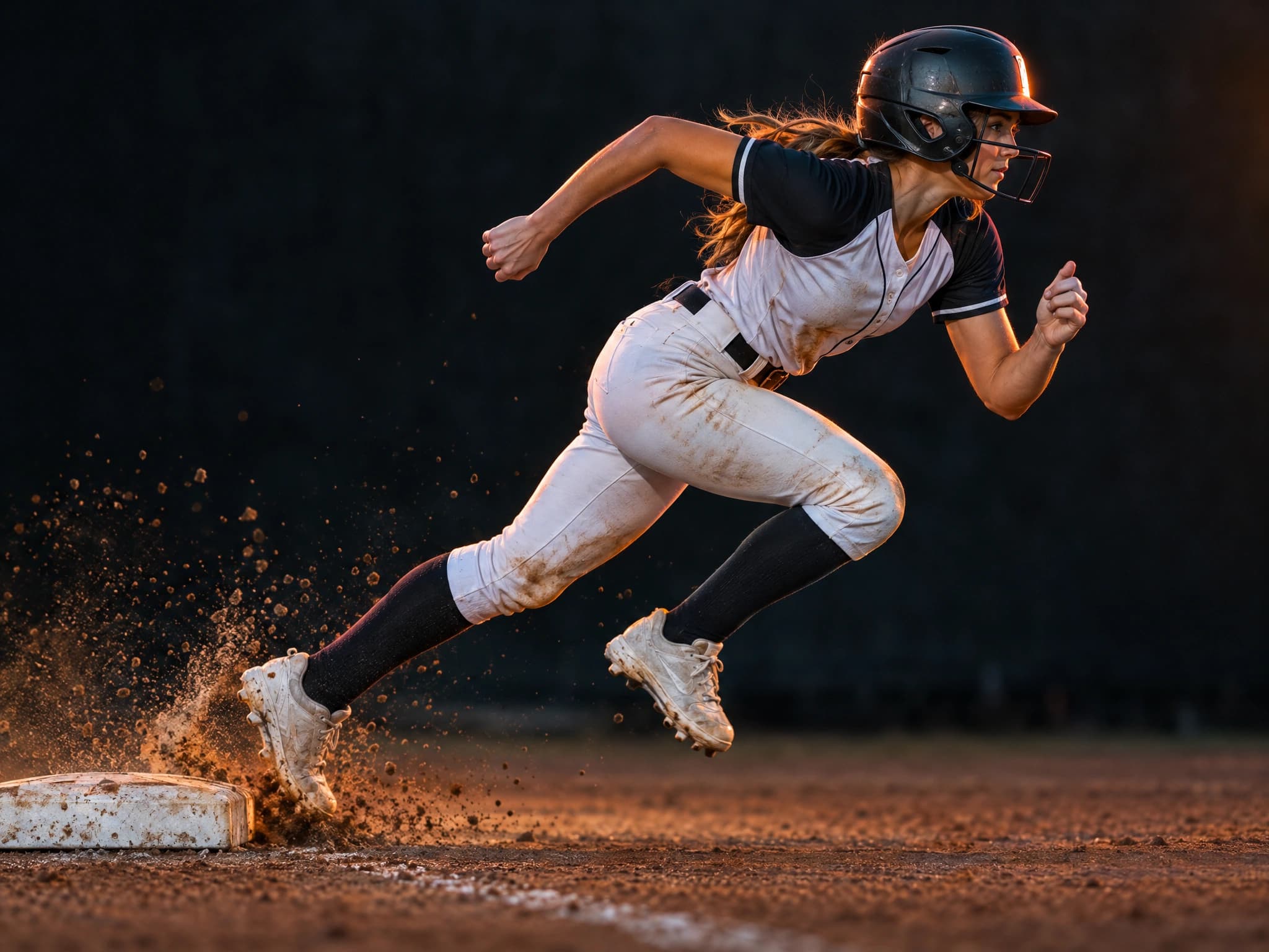 Softball player accelerating around the bases