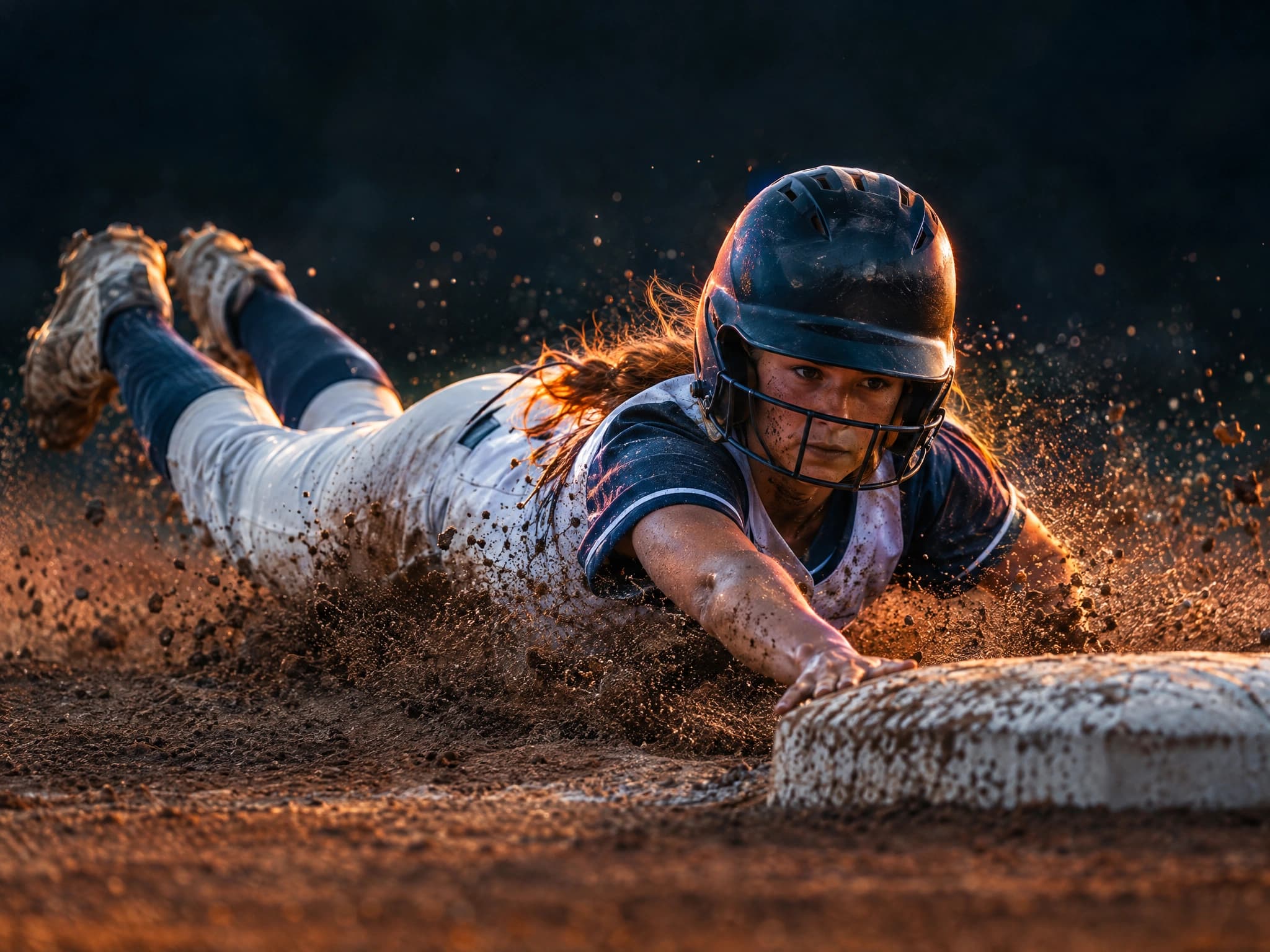 Softball player sliding into a base