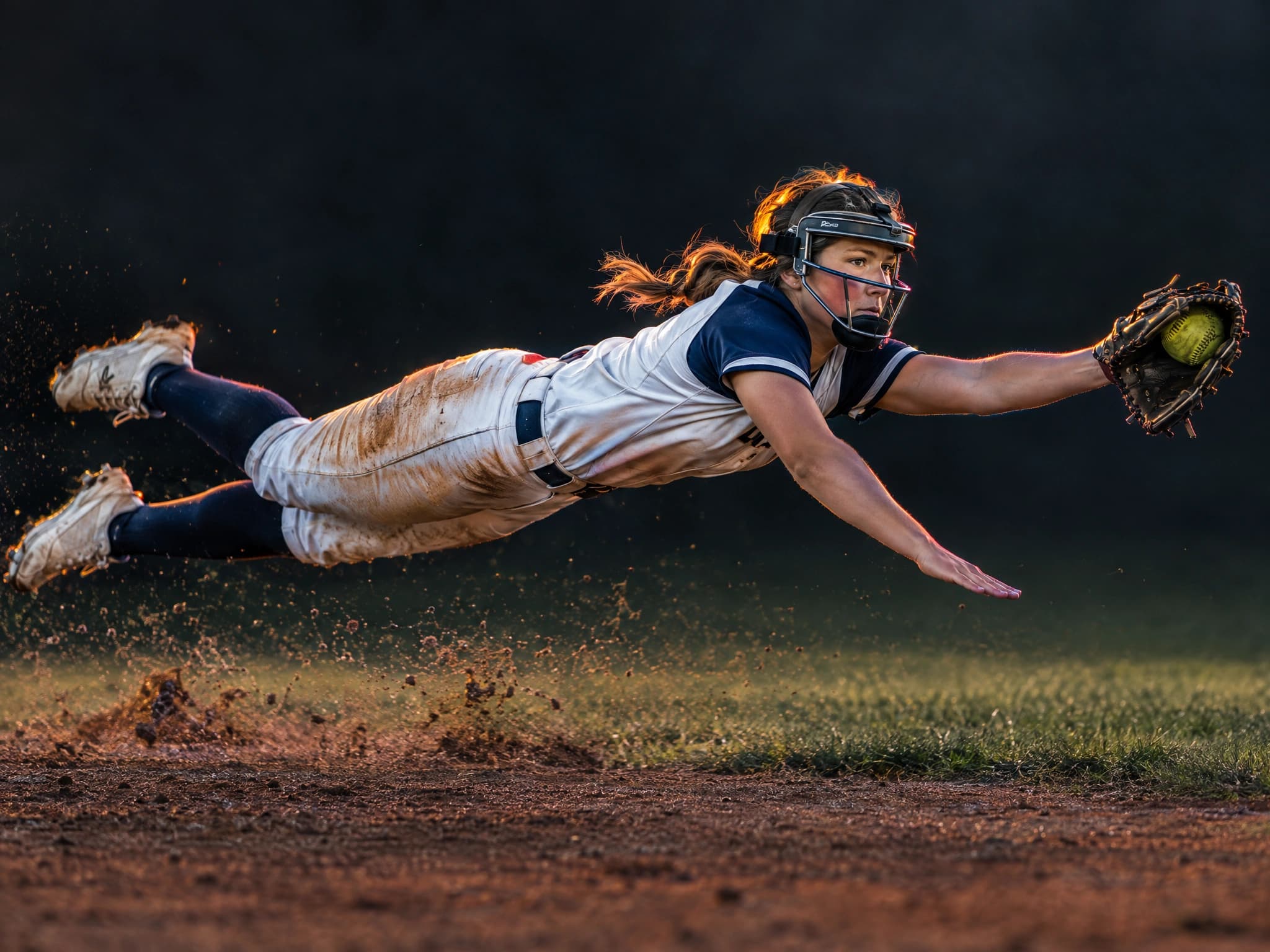 Softball player diving for the ball