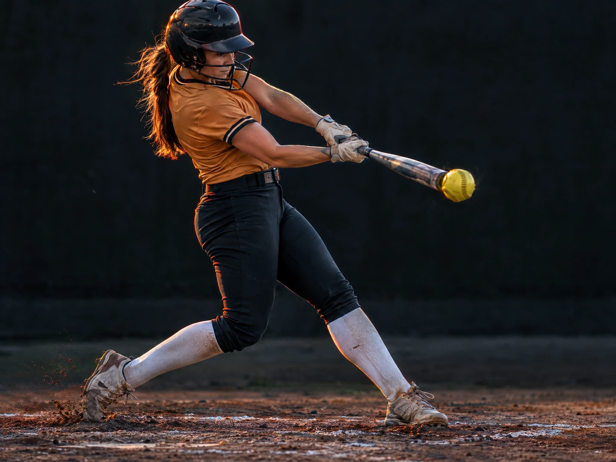 Softball player following through at contact