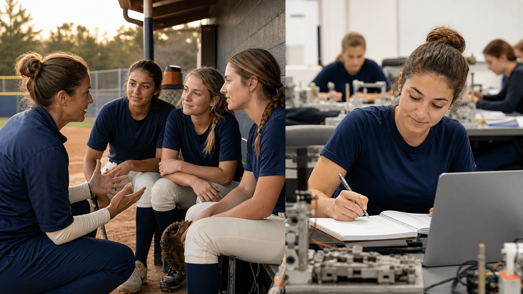 Adult softball players talking with a coach, alongside a student in an engineering classroom